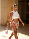 Women American Letter Printed Top and Lace‑Up Gradient Multi‑Color Wavy Skirt Two Piece Set