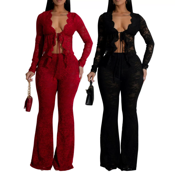 Women Sexy Lace See-Through Two-piece Set