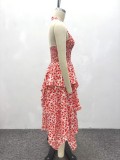 African Women Sexy Halter Neck Ruched Printed Irregular Maxi Dress