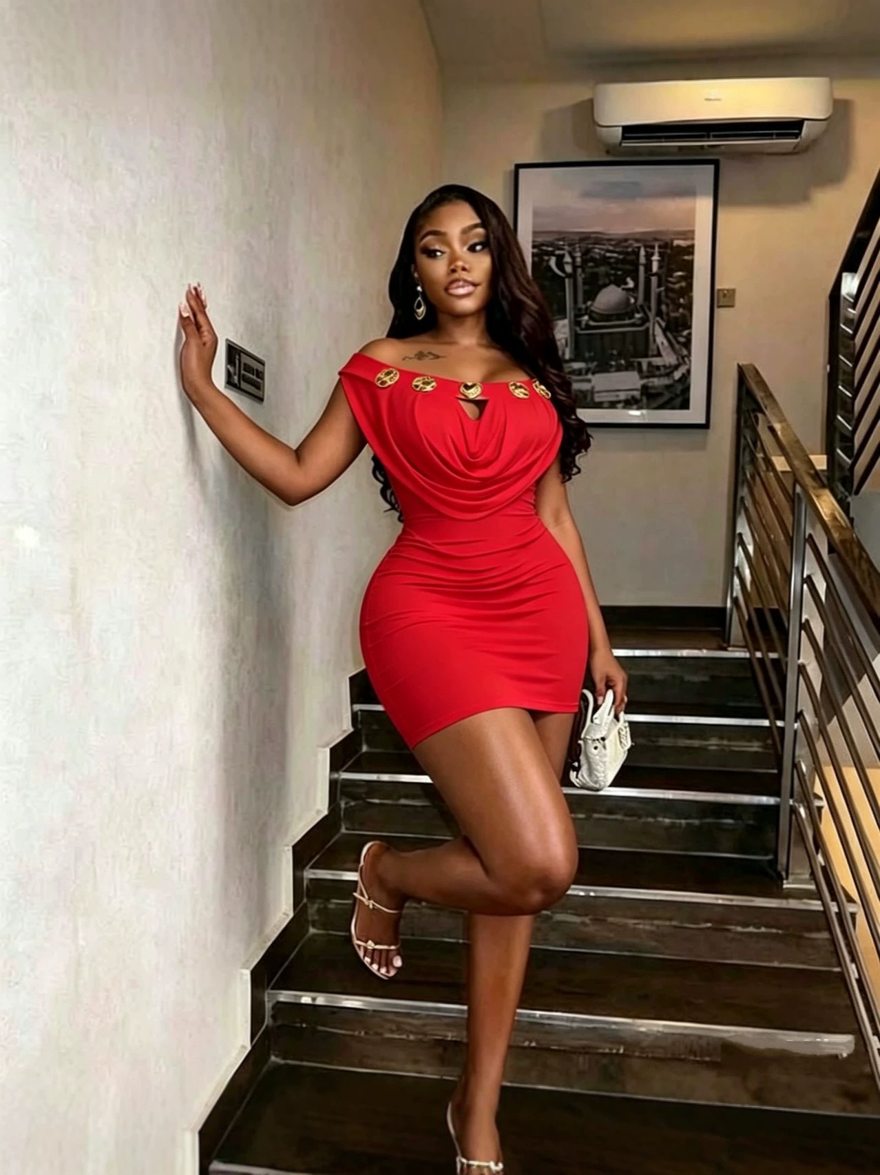 Off-Shoulder Metal Buckle Bodycon Dress for Evening Parties