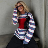 Women Summer Striped Printed Strapless Color Block Tops