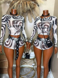 Women Tie‑Dye Printed Mesh Long Sleeve Crop Top and Shorts Two Piece Set