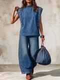 Women Stand Collar Strap Buckle Sleeveless Denim Vest