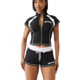Women Color Block Stitched Zipper Short Sleeve Letter Printed Top and Shorts Two Piece Set