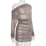 Women Sexy Mesh Slash Shoulder Long Sleeve Turtleneck Ruched Bodycon Dress