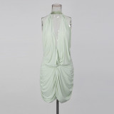 Women's Elegant Chic Sleeveless Halter-Neck Deep-V Slim-Fit Ruched Bodycon Mini Dress