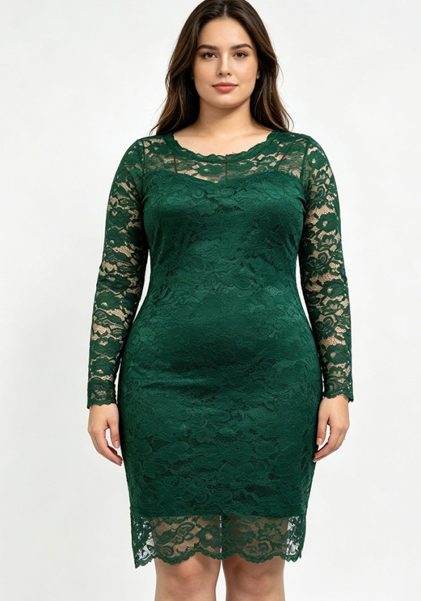 Women's Plus Size Sexy Lace Long-Sleeve Formal Party Dress