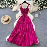 Women's Summer Lace-Up Strappy Ruffle-Trimmed Slim-Waist Tiered A-Line Maxi Dress