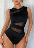Women's Summer Sleeveless Mesh Patchwork Sexy Slim-Waist Slim-Fit Bodysuit