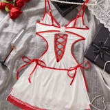 Women's Sexy Nurse Costume with Red-Trimmed Lace-Up Cutout Strappy Dress