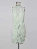 Women's Elegant Chic Sleeveless Halter-Neck Deep-V Slim-Fit Ruched Bodycon Mini Dress