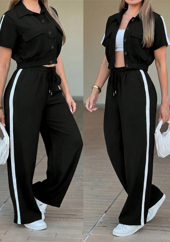 Women's Spring/Summer Short-Sleeve Cropped Open-Front Jacket and Striped Drawstring Wide-Leg Pants Set