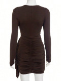 Women's Chic Round-Neck Long-Sleeve Ribbon-Detail Slim-Waist Asymmetrical Bodycon Mini Dress