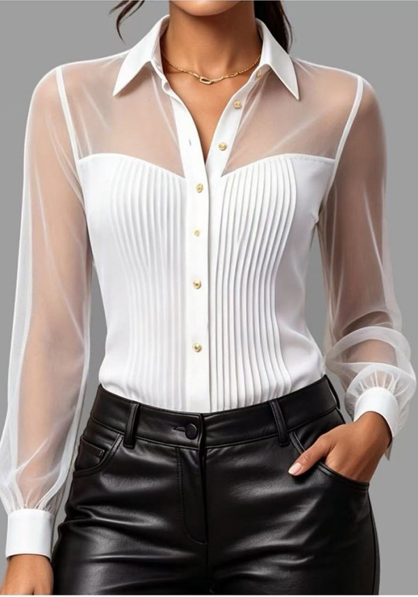 Spring/Fall Women's Chic Elegant Solid-Color Turndown-Collar See-Through Long-Sleeve Mesh Patchwork Shirt
