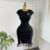 Women's Elegant Round-Neck Lace Patchwork Slim-Waist Slim-Fit Knitted Mini Dress