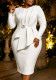 Women's Plus Size White Ruffle-Trimmed Round-Neck Long-Sleeve Rhinestone Floral Slim-Waist Career Dress