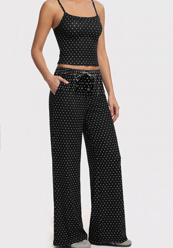 Women's Polka-Dot Strappy Tank Top and Straight-Leg Wide-Leg Pants Casual Yoga Fitness Set