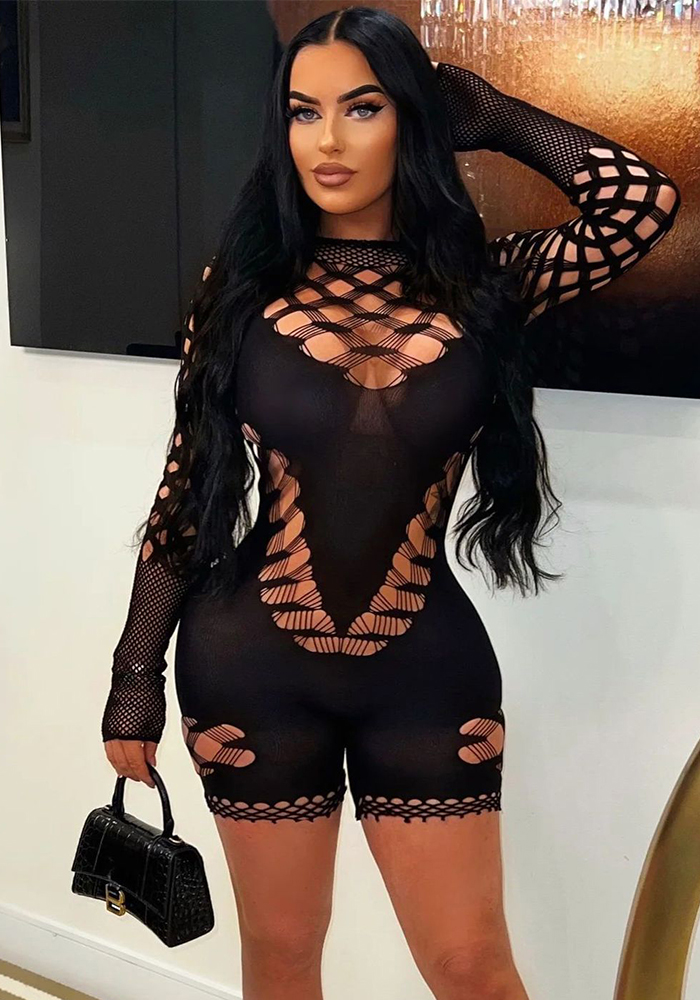 Mesh See-Through Long-Sleeve Jumpsuit for Summer Clubwear