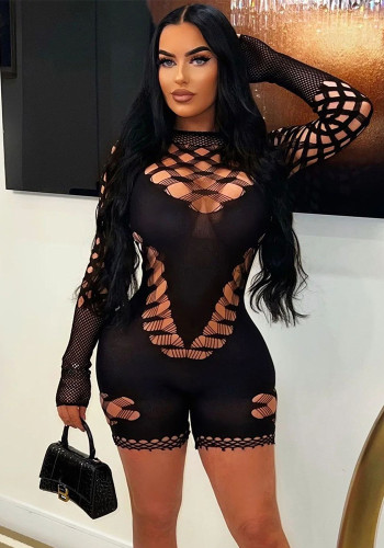 Women's Summer Mesh Sexy See-Through High-Waist Long-Sleeve Tight-Fitting Jumpsuit