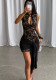 Women's Cutout Lace Bodycon Ribbon-Ruched Slim-Fit Mini Dress