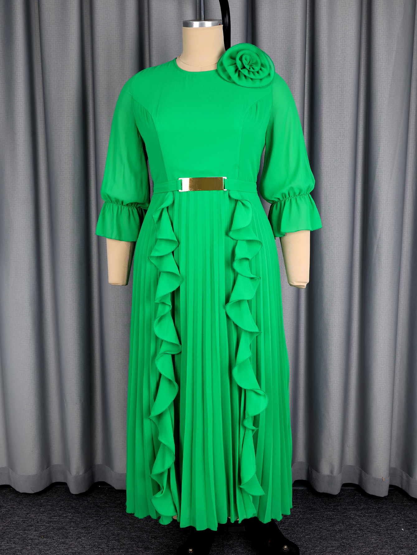 Chiffon Ruffle-Trimmed Pleated A-Line Maxi Dress for Fall