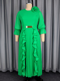Women's Fall Fashion Chiffon Ruffle-Trimmed Pleated A-Line Slim-Waist Long Dress