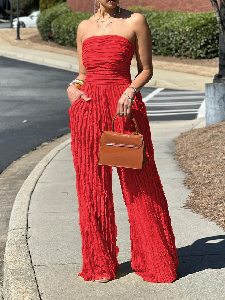Strapless Sleeveless Wide-Leg Jumpsuit for Holiday Casual