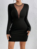 Women's Mesh Round-Neck Long-Sleeve Slim-Waist Slim-Fit Sexy Bodycon Mini Dress