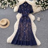 Women's Summer Elegant Luxury Lace Cutout Turndown-Collar Slim-Waist Slim-Fit Career Long Dress