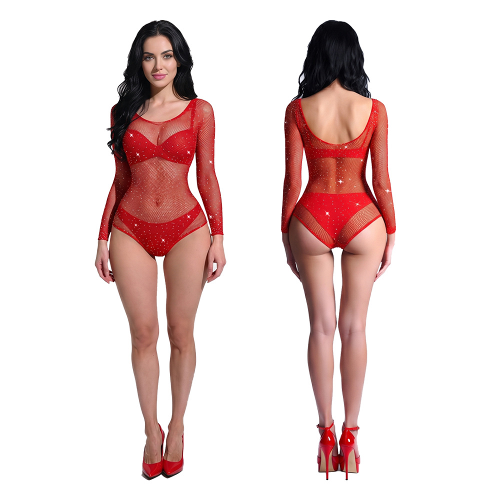 Beaded See-Through Long-Sleeve Fishnet Bodysuit Lingerie for Christmas