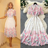 Women's Summer Floral Cutout Short-Sleeve Lace-Embroidered High-Waist Slim-Waist A-Line Dress