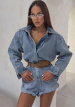 Women's Washed Denim Turndown-Collar Long-Sleeve Slim-Waist Romper with Belt Women's Washed Denim Turndown-Collar Long-Sleeve Slim-Waist Romper with Belt