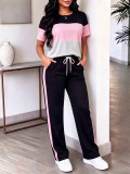 Spring/Summer Women's Striped T-Shirt and Elastic-Waist Drawstring Pants Casual Two Piece Set