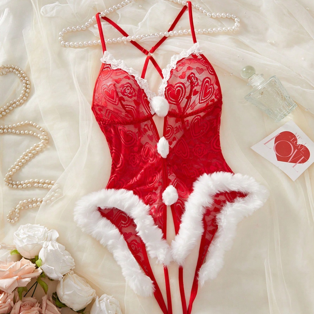 Deep-V Lace & Faux-Fur Bodysuit Lingerie for Christmas
