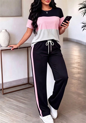 Spring/Summer Women's Striped T-Shirt and Elastic-Waist Drawstring Pants Casual Two Piece Set