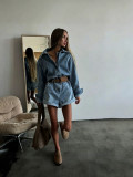 Women's Washed Denim Turndown-Collar Long-Sleeve Slim-Waist Romper with Belt