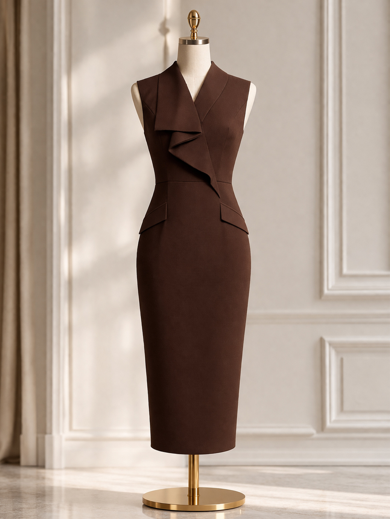 Sleeveless Suiting-Fabric Ruffle Bodycon Dress for Career Wear