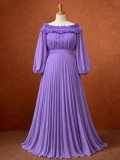 Women's Fashion Purple Chiffon Ruffle Off Shoulder Pleated Lantern-Sleeve Slim-Waist Party Dress