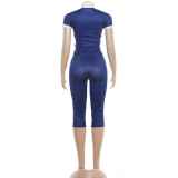 Women's Summer Slim-Fit Fashion Turndown-Collar Short-Sleeve Letter-Print T-Shirt and Knee-Length Shorts Set