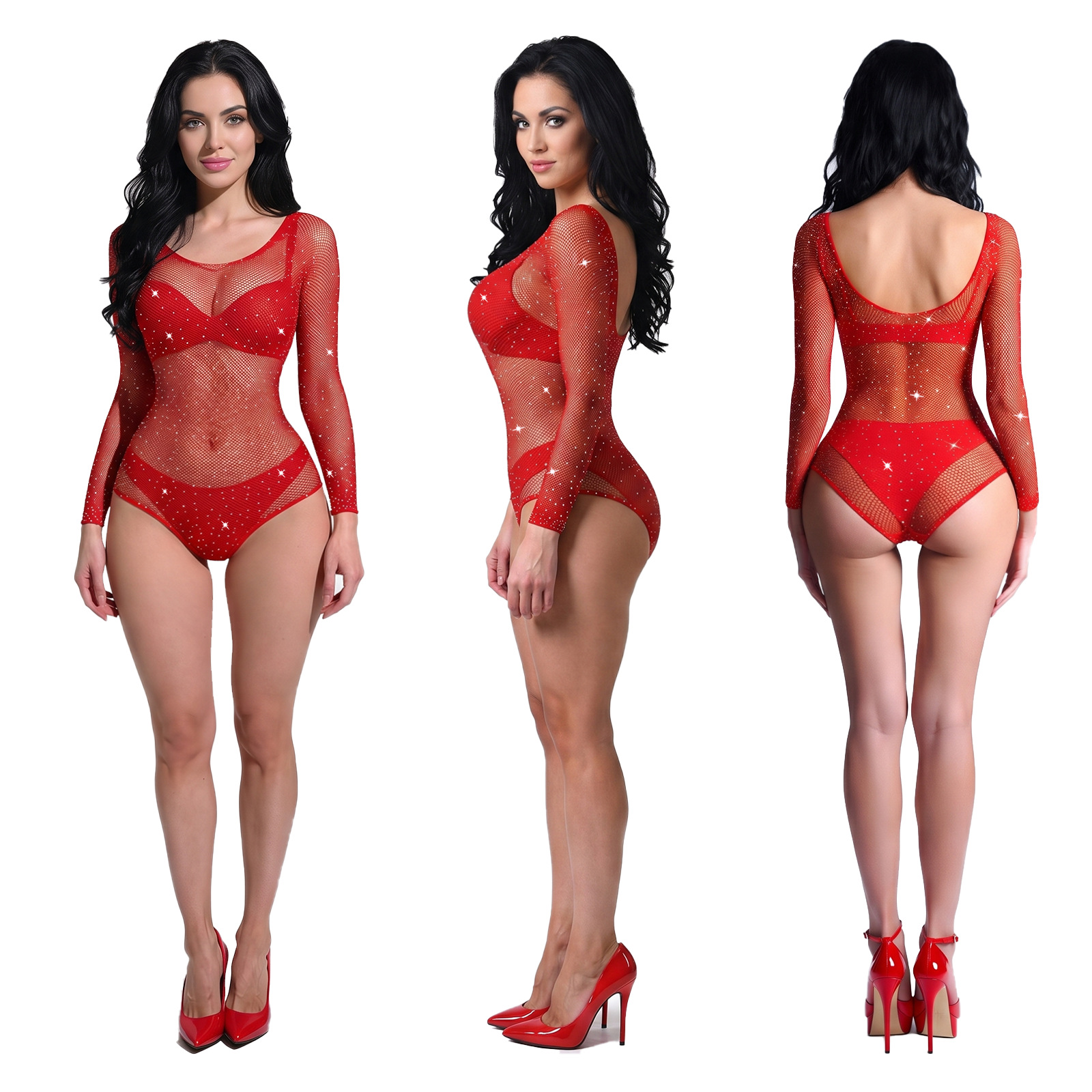 Beaded See-Through Long-Sleeve Fishnet Bodysuit Lingerie for Christmas
