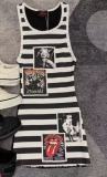 Women's Fashion Street Style Floral Print Slim-Fit Striped Tank Dress