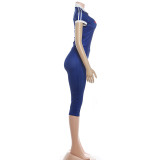 Women's Summer Slim-Fit Fashion Turndown-Collar Short-Sleeve Letter-Print T-Shirt and Knee-Length Shorts Set