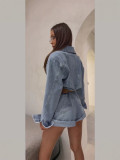 Women's Washed Denim Turndown-Collar Long-Sleeve Slim-Waist Romper with Belt