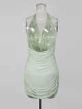Women's Elegant Chic Sleeveless Halter-Neck Deep-V Slim-Fit Ruched Bodycon Mini Dress