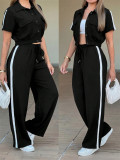 Women's Spring/Summer Short-Sleeve Cropped Open-Front Jacket and Striped Drawstring Wide-Leg Pants Set