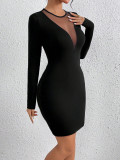 Women's Mesh Round-Neck Long-Sleeve Slim-Waist Slim-Fit Sexy Bodycon Mini Dress