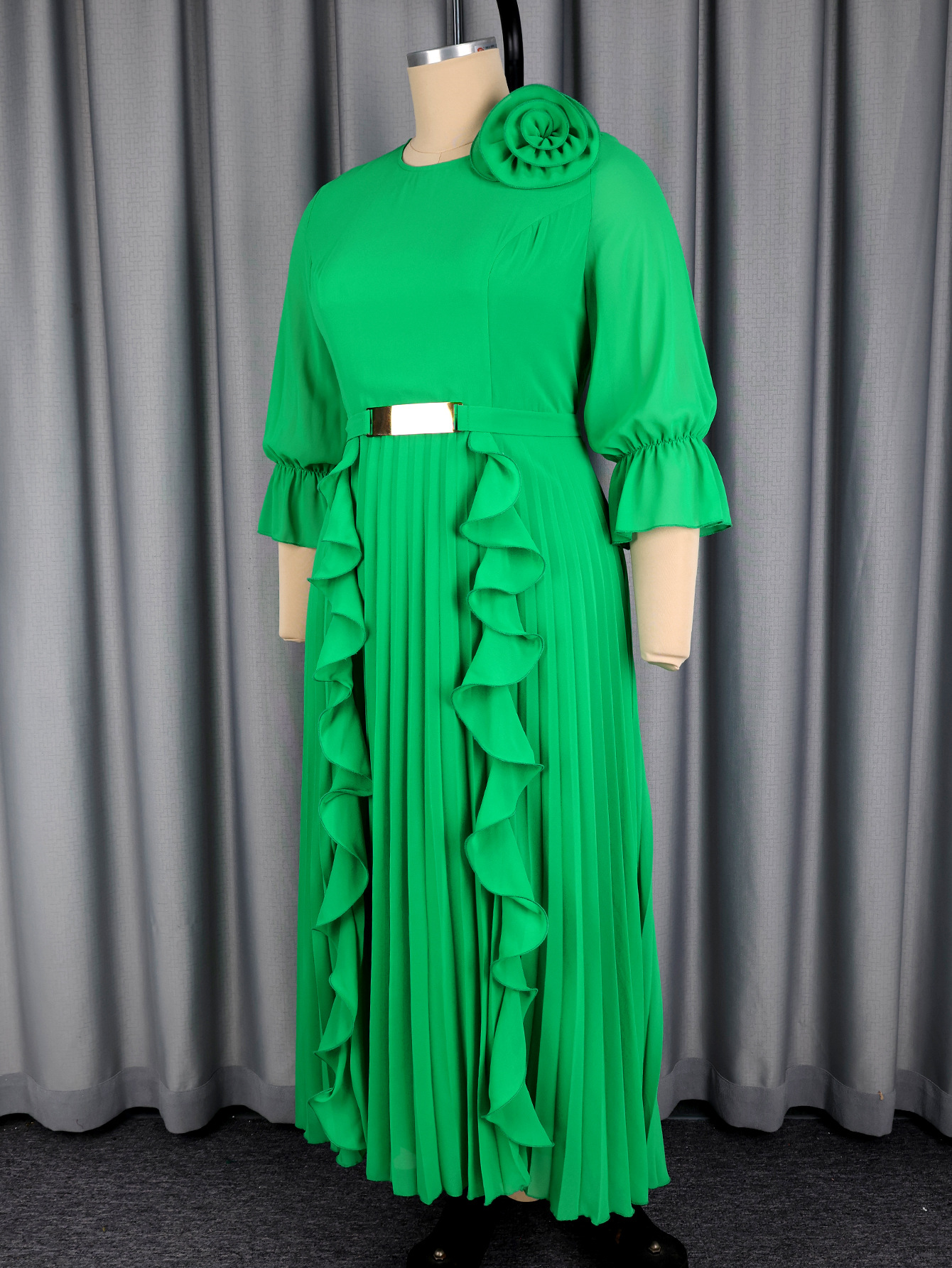 Chiffon Ruffle-Trimmed Pleated A-Line Maxi Dress for Fall