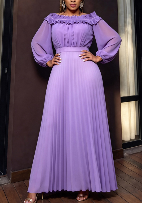 Women's Fashion Purple Chiffon Ruffle Off Shoulder Pleated Lantern-Sleeve Slim-Waist Party Dress