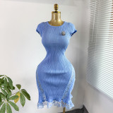 Women's Elegant Round-Neck Lace Patchwork Slim-Waist Slim-Fit Knitted Mini Dress