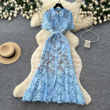 Women's Summer Elegant Luxury Lace Cutout Turndown-Collar Slim-Waist Slim-Fit Career Long Dress